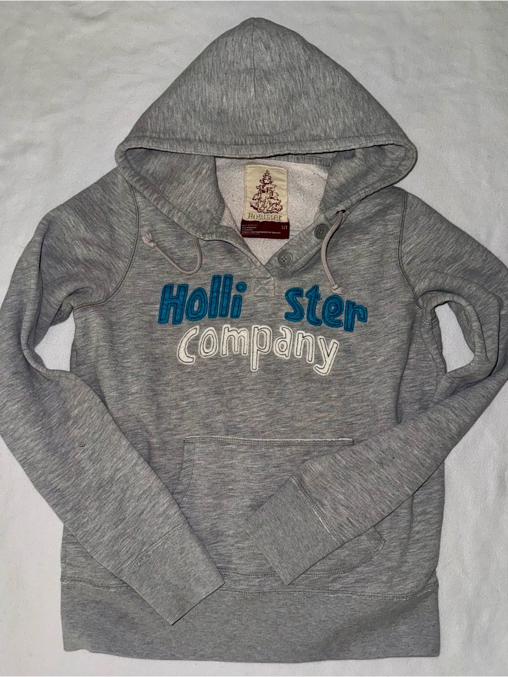 True Vintage Early 2000s Hollister Gray Hoodie with Blue & White Appliqué